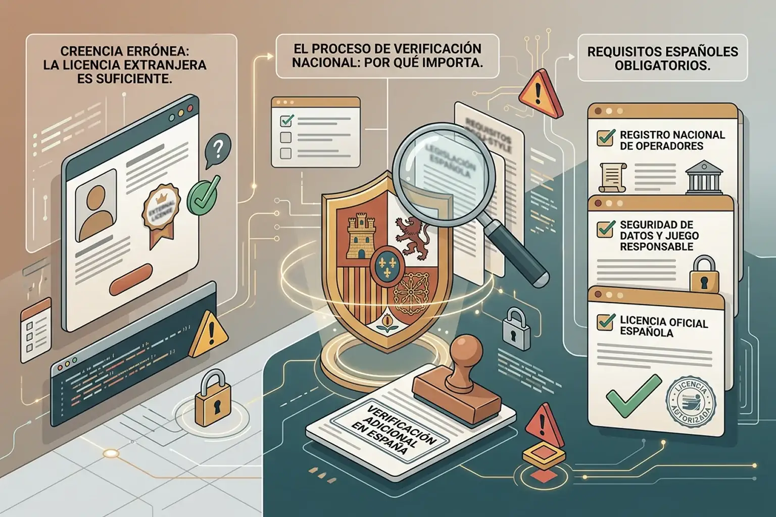 Comparación visual entre sello extranjero, dominio web y comprobación oficial española