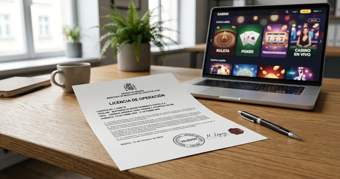 Mejores casinos sin licencia en España 2026 - documento regulatorio junto a portátil con interfaz de casino